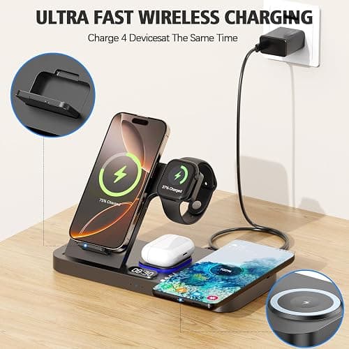 YiJYi 2025 Upgrade Wireless Charger, 6 in 1 Charging Station,30W Wireless Charger with Clock & 7-Color Night Light,Dual Phone Charger for iPhone 16/Samsung Galaxy,for AirPods for Apple Watch thumbnail 5
