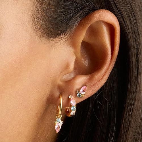 Kenivira Stud Earrings Set for Women, 14K Gold Plated Hypoallergenic Dainty Earrings Girls,3 Pairs Small Cartilage Flat Back Trendy Hoop CZ Earring thumbnail 2
