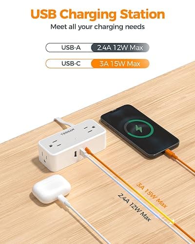 TESSAN Flat Plug Extension Cord 5 FT, Surge Protector Power Strip with 4 AC Outlets 1 USB C and 2 USB A Ports, 900 Joules Protection, Multiple Wall Outlet Extender Suitable for Home Office Dorm thumbnail 5