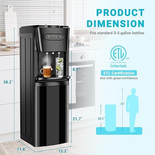 Manastin Bottom Loading Water Cooler Dispenser，3 Temperature Settings - Hot, Cold & Room, Empty Bottle Indicator, Child Safety Lock, Ideal for Office, Home, Living Room, Obsidian Black thumbnail 3