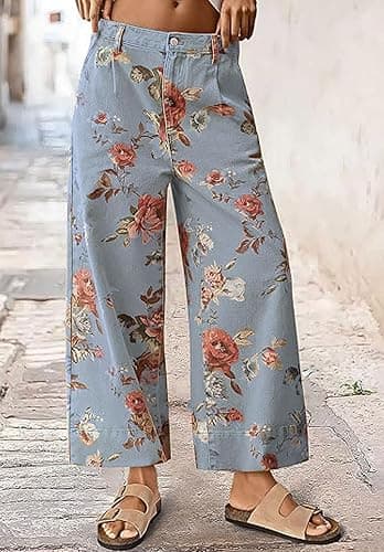 loveimgs Women Mid Rise Cropped Wide Leg Jeans Baggy Floral Ankle Pants Denim Capris Flare Print Boho Palazzo Jeans Boyfriend thumbnail 2