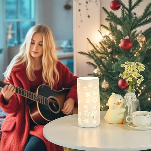 Lampwell Dana White Modern Ceramic Flower Carving Table Lamp for Living Room & Bedroom,Kids Night Ceramic Table Lamp,Φ3.54×H7.87IN,Bulb Excluded thumbnail 2