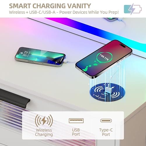 Gurexl RGB Vanity Desk with Sliding Mirror and Lights,Glass Top Makeup Vanity with Wireless Charging Station,7 Dynamic and 7 Static Dimmable Dressing Table with 5 Drawers,Shelves,Hooks,Stool thumbnail 3