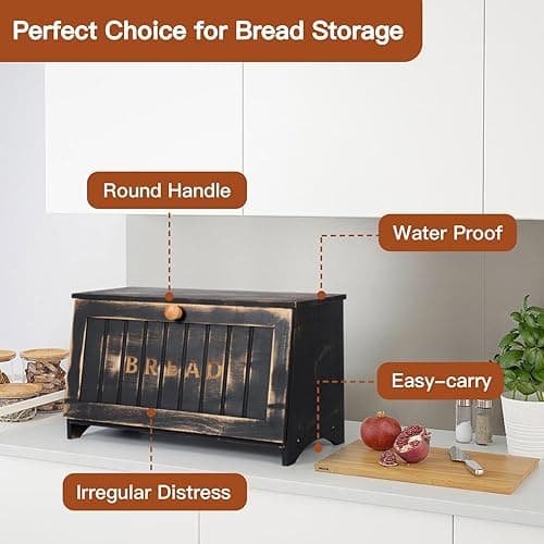 DAOYOUSKY Bamboo Bread Box for Kitchen Countertop, Black Vintage Wooden Counter Breadbox, Single Layer Rustic Wood Large Capacity Bread Storage Container Bin thumbnail 5