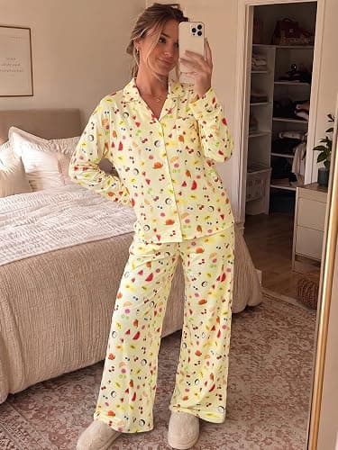 Tankaneo Womens Button Down Pajama Sets Long Sleeve 2 Piece Lounge Sets | Pjs, Polka Dot, Fruit Print, Wide Leg, Loose Fit, Lapel Collar, Night Suit, Cute Sleepwear thumbnail 5