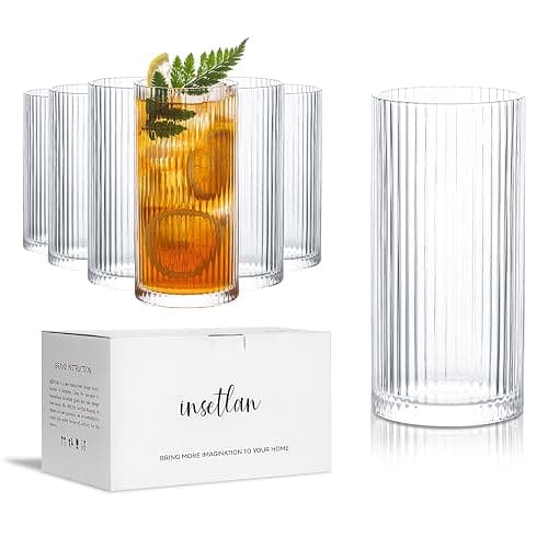 INSETLAN Ribbed Drinking Glasses Set of 6, 370ml Origami Design Ribbed Glassware, Highball Glasses for Juice, Water, and Cocktails, Perfect for Home, Restaurants, and Parties | Dishwasher Safe - Image 1