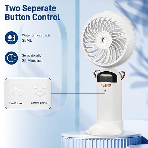Kssvzz Portable Handheld Fan with Water Mist Spray, Rechargeable Battery Operated Fan with Base, Digital Display, 5 Speeds, 90° Ajustable, Electric Mini Fan for Travel Camping Outdoor (White) thumbnail 7