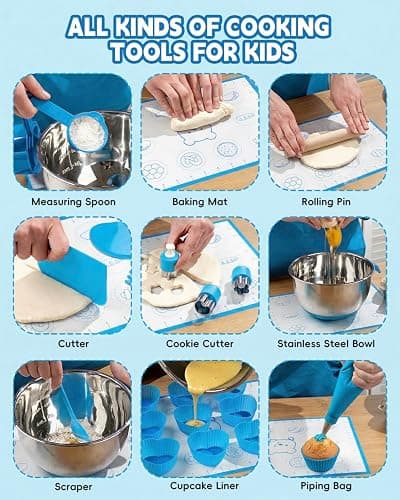 Kids Baking Set–Real Cooking Set for Kids with Kids Cooking Utensils & Kitchen Accessories, Measuring Tools & Baking Supplies,Great Gift for Pretend Play & Montessori Learning (Blue) thumbnail 4