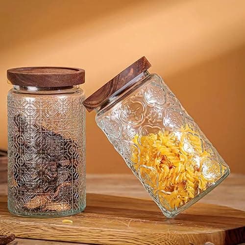 Livejun Vintage Glass Coffee Food Storage Jars with Acacia Lids Airtight Storage Coffee Containers Design Canisters set Kitchen Wide Mouth Glass Jars for Cookies,Tea,Sugar 1000ml (33.8OZ) Set of 3 thumbnail 5