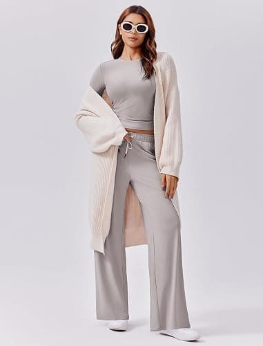 PINSPARK Women 2 Piece Lounge Set Long Sleeve Cropped Top Wide Leg Pants with Pockets 2024 Fall Outfits Matching Tracksuit thumbnail 5