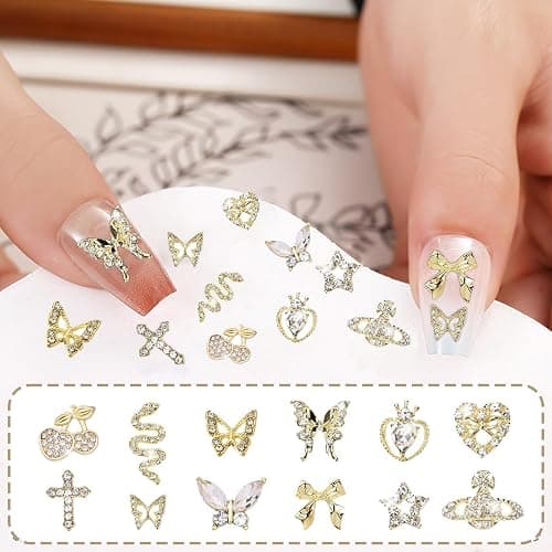 FOSDICK 24 Stück Gold Nagel Charms, 3D Charm Nägel, Nail Art Charms mit Herz Schmetterling Schleife Kirsche Design für Strasssteine Nagelkunst DIY Glitzersteine Schmuck thumbnail 6
