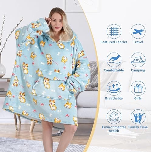 Fiosnow Corgi Blanket Hoodies for Women and Men Adult Oversize Wearable Blanket Hoodies for Soft and Warm - Light Blue Corgi - Adult thumbnail 5