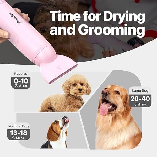 buenkee Dog Blow Dryer for Pet Grooming Handheld Lightweight Dog Cat Hair Dryer 3 Speeds 4 Temp, Portable 3HP High Velocity Pet Blower Quiet Dryer for Travel Campaign Home, with 3 Nozzles, Pink thumbnail 8