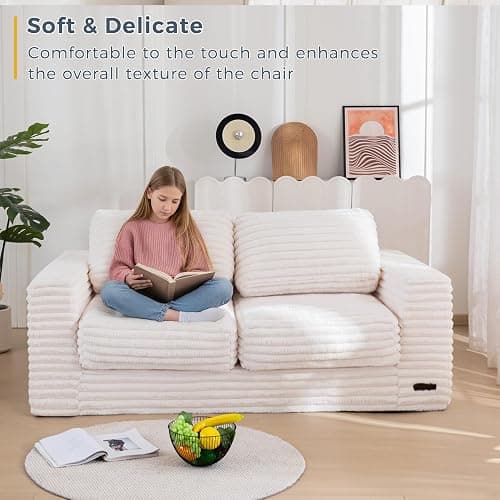 MAXYOYO Bean Bag Chair for Adults, Upholstered Loveseat Floor Sofa with Pillows and Armrests, Large Bean Bag Sofa Plush Couch for Bedroom Living Room, White thumbnail 6