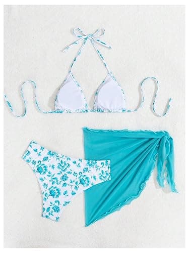 SHENHE Women's 3 Piece Floral Bikini Set with Wrap Coverup Halter Triangle Swimsuits thumbnail 2