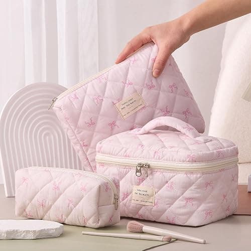 Quilted Makeup Bag, Large Capacity Travel Cosmetic Bag for Women and Girls, Aesthetic Storage for Daily and Travel Use (3PCS-Pink SlimBow) thumbnail 2