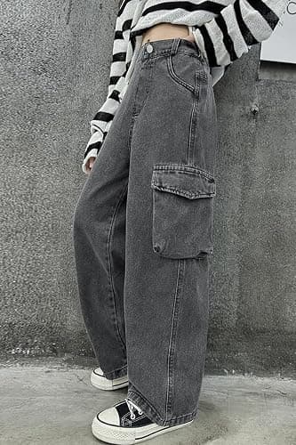 AOWKULAE Girls Jeans Elastic Waist Wide Leg Pants Kids Jeans 4-14 Years - 8-9 Years - B1-gray thumbnail 3