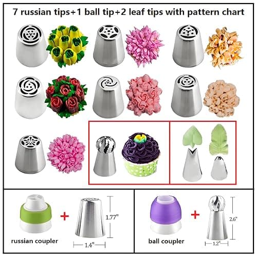 YOQXHY 130 Pcs Piping Bags and Tips Set with 48 Numbered Icing Tips,7 Russian Tips,1 Ball Tip,2 Leaf Tips,Pattern Chart,8 Carved Pens,4 Couplers,6 Ties,50 Disposable Pastry Bags for Cake Decorating thumbnail 3