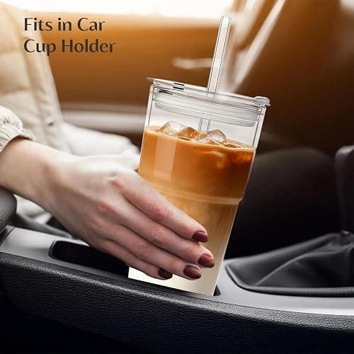 INSETLAN 20oz Clear Glass Cup with Lid and Glass Straw, Set of 2 Thickened Glass Coffee Tumblers, Drinking Glasses with Straw for Smoothie, Tea, Milk, Whiskey, Water and More – Elegant & Durable thumbnail 9