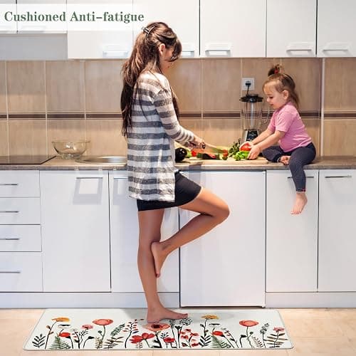 Serwrsw Kitchen Mats for Floor 2 Piece White, Colorful Flower Fern Kitchen Floor Mats for in Front of Sink, Floral Kitchen Rugs Non Slip Washable thumbnail 2