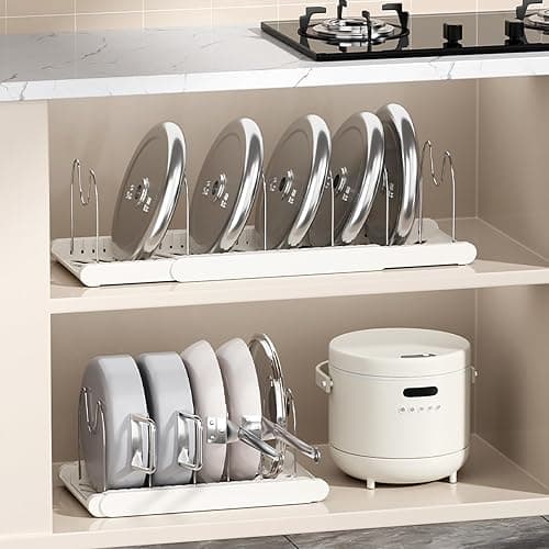 LICRUGU Pot Rack : Pots and Pans Organizer Under Cabinet 7 Adjustable Compartment Expandable Pot Lid Holder for Kitchen Cookware, Bakeware, Lid, Dishes, Cutting Boards,Apricot thumbnail 4