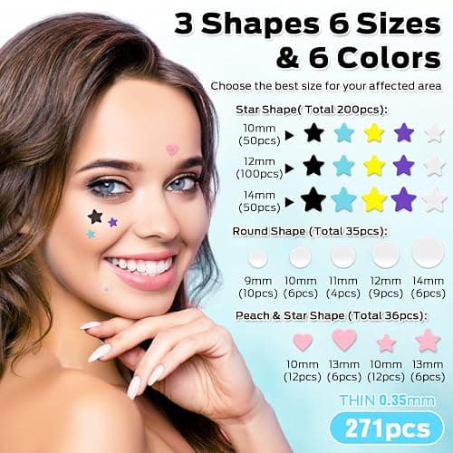 VOZRO Star Pimple Patches, Colorful Hydrocolloid Acne Patches for Face, Cute Star Pimple Patches with Salicylic Acid, Tea Tree & Centella Oil (Round,Star,Peach Shapes| 6 Sizes| 271 Count) - 271 Count (Pack of 1) thumbnail 3