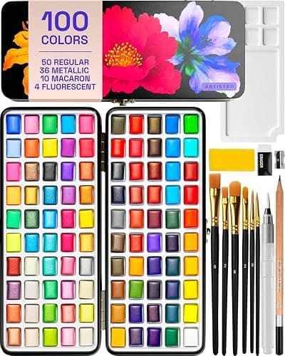 ARTISTRO Deluxe Watercolor Paint Set with Palette & Brush Pens - 100 Colors | Travel Watercolor Paint Set, Portable Painting Kit for Adults, Artists & Kids, Professional Watercolor Supplies - Image 1