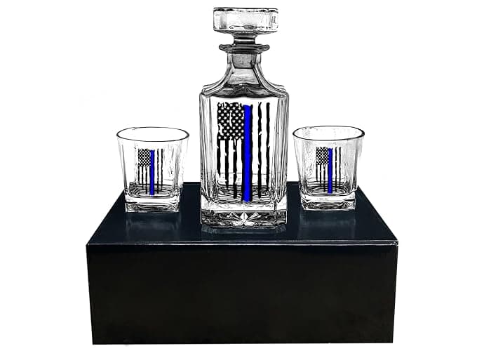 Rogue River Tactical Blue Line Tattered Flag Police Officer Whiskey Decanter Gift Set With 2 Glasses Custom Gift For Men Dad Father's Day PD Police Officer - Image 1