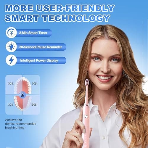 JTF Electric Toothbrush for Adults with 5 Professional Modes & Smart Timer | Portable Travel Case, 2 Types Soft or Firm Heads for Sensitive Teeth & Braces, Wireless Charging, IPX7, TSA-Friendly, Pink thumbnail 7