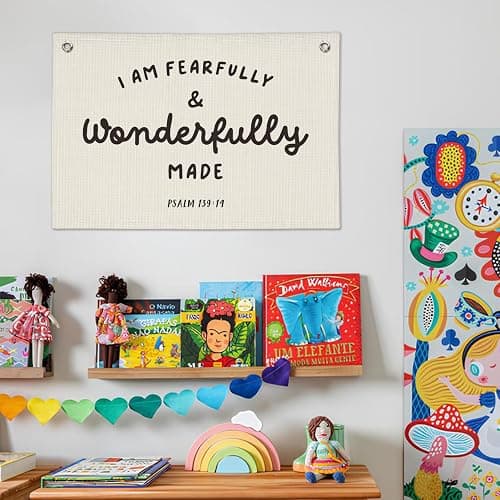 Wheatwin Kids Room Decor - Bible Verse Wall Hanging, 'I am Fearfully and Wonderfully Made' Linen Banner, Canvas Decoration for Classroom, Nursery, Kids Room - Psalm 139:14 thumbnail 7