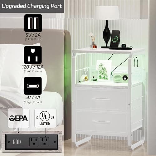 runjuly Night Stand with Charging Station, Bedside Table with Drawers, AC Outlets & USB C Ports, Bedroom Nightstand with Hooks, Metal End Table for Bedroom, Office, Dorm (White) thumbnail 5