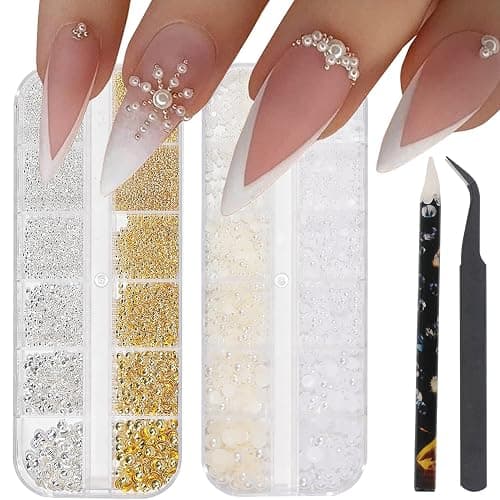 Nail Charms,Nail Gems,3600Pcs Gold & Silver Bead Flat Back Round Rhinestones Supplies Accessories，Small Nail Pearls 3D Mixed Sizes Decorations for Nails (A) - Image 1