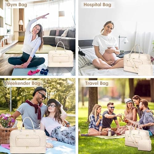 Weekender Overnight Bag Women: Large Travel Duffle Bag with Shoe Compartment & Wet Pocket Carry On Tote Bag Gym Duffel Bag with Toiletry Bag Bag for Hospital Beige thumbnail 6