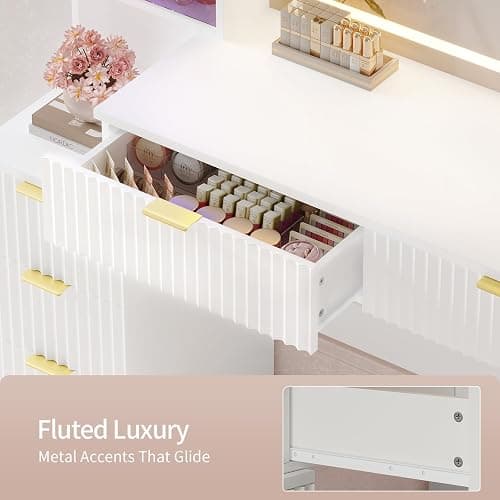HAUOMS Big Vanity, Fluted Wood Makeup Vanity Desk with Mirror and Sound Sync LED Lights, Large Vanity Dressing Table, 8 Drawers, Charging Station for Girls, Women (White, 59.1" Width) thumbnail 9