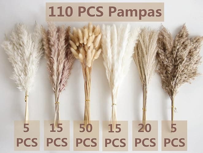 110 PCS Dried Pampas Grass Bouquet, Boho Table Decor, Bunny Tails Dried Flowers, Brown Pompas, White Pampas Grass for Wedding, Home, Rustic Party, Baby Shower Decorations thumbnail 2