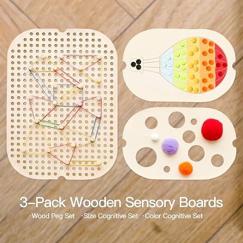 IEATFO 3-Pack Wooden Sensory Boards - Sensory Table Large and Small Storage Box Inserts - Pegboard, Size & Color Cognitive Boards - Accessories Include Wooden Pegs, Elastics, Pompoms thumbnail 2