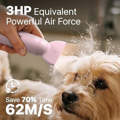 buenkee Dog Blow Dryer for Pet Grooming Handheld Lightweight Dog Cat Hair Dryer 3 Speeds 4 Temp, Portable 3HP High Velocity Pet Blower Quiet Dryer for Travel Campaign Home, with 3 Nozzles, Pink thumbnail 3