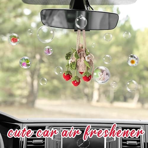 DaisyInner Cute Crochet Plant Car Freshener 12ml Empty Refillable Diffuser Bottle with Plants Hanging Accessories for Rearview Mirror Home Office Decor Women Christmas Gifts(Strawberry) thumbnail 7