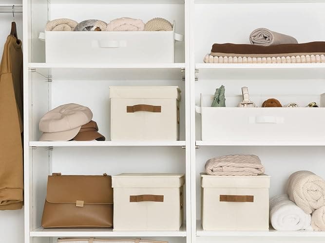 StorageWorks Large Storage Bins with Lids, Decorative Storage Boxes with Lid and PU Handles, Foldable Storage Baskets for Closet, Shelves, Stackable, Ivory, 3-Pack thumbnail 5