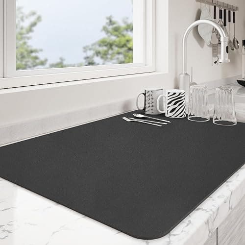 Ecotrim - Dish Drying Mat for Kitchen Counter | Coffee Bar Mat for Countertops | Heat Resistant Drainer Mat with Non-slip Rubber Backed | Hide Stain Kitchen Absorbent Draining Mat | Black 16"x18" - Image 1