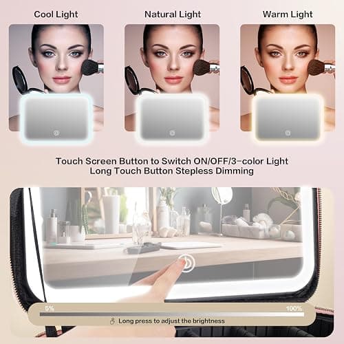15''X11'' Large Capacity Makeup Bag with LED Mirror, Professional Makeup Case Organizer with 3 Color Light Adjustable Brightness, Travel Make up Cosmetic Case with Detachable Dividers & Shoulder Strap thumbnail 2