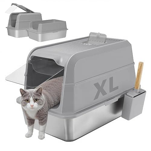 UNZIPE Stainless Steel Litter Box with Lid, XL Extra Large Cat Litter Box, Enclosed Metal Litter Pan with High Sided Enclosure & Scoop, Anti Leakage, Easy to Clean, Odor Control(Grey) - Image 1