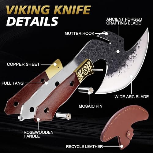 Topfeel Viking Knife Butcher Meat Cleaver Cutting Boning Knife Chinese Kitchen Axe with Sheath for Home & Outdoor BBQ Camping Knives Gift for Men Chirstmas Birthday thumbnail 4
