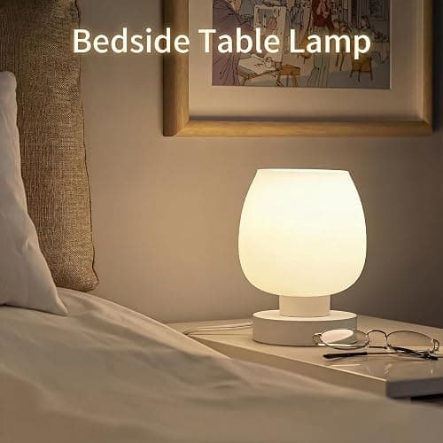 Touch Bedside Table Lamp - Small Lamp for Bedroom with USB C+A Charging Ports 3 Way Dimmable, Nightstand Desk lamp with White Opal Glass Lamp Shade Warm LED Bulb Included, Simple Design Gifts thumbnail 4