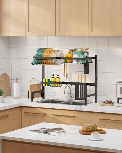 Sakugi Over The Sink Dish Drying Rack - Adjustable 2 Tier Large Capacity Stainless Steel Drainer with Cutlery & Utensil Holders, Kitchen Storage & Organization, 30"-33.9" L x 11" W x 21.5" H, Black thumbnail 8