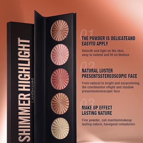 Highlighter Powder Palette, Makeup Palette Facial Bronzers Illuminator Palette Highlighter Baked Waterproof Long Lasting Brilliant Lighten Skin Color (5 Color, 1 Count (Pack of 1)) thumbnail 5