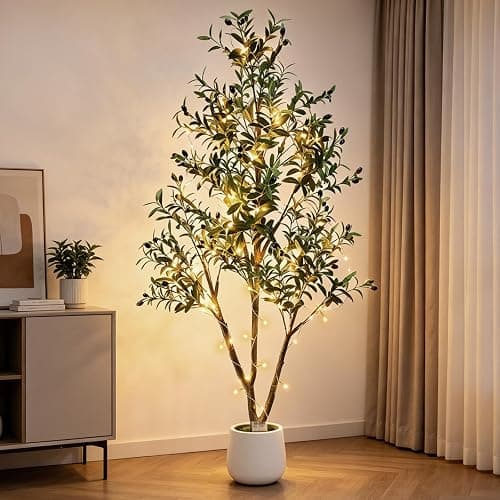 6FT Artificial Olive Tree with Lights & Planter, Realistic Faux Olive Plant | Realistic Silk Olive Tree For Living Room & Home Office, With Lifelike Fruits, Warm Lights, Planter & Natural Decor Design thumbnail 2
