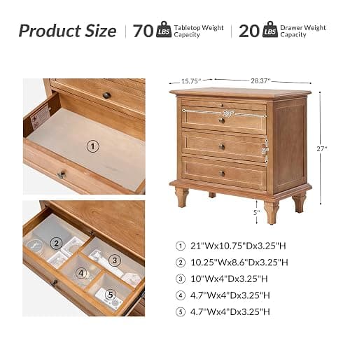 HULALA HOME Farmhouse 3 Drawer Nightstand with Tray, Drawer Organizer with Solid Wood Legs, Nightstand with Charging Station,Acorn thumbnail 2