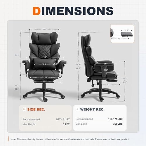 Dowinx Big and Tall Office Chair with Pocket Spring Cushion,High Back Computer Gaming Chairs with Adjustable Armrests,Executive Desk Chairs with Lumbar Support and Footrest,PU Leather-Black thumbnail 3
