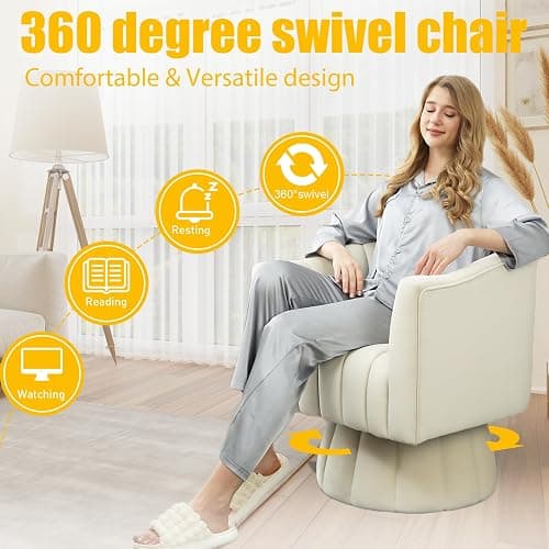 Dewhut Accent Chair Mid Century 360 Degree Swivel Chair,Modern Lounge Sofa Round Barrel Chair with Wide Upholstered,Fluffy Velvet Fabric Chairs for Home Sofa Living Room/Bedroom/Waiting Room (Beige) thumbnail 4